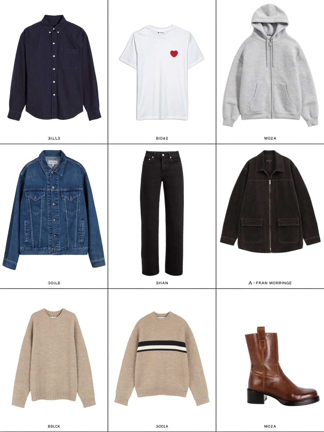 A digital wardrobe grid of isolated garments